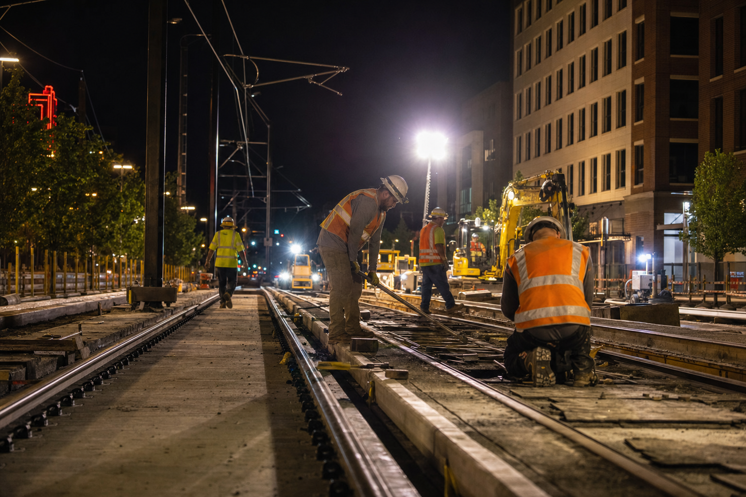 Nighttime transit track reconstruction with maintenance-of-way crew and equipment