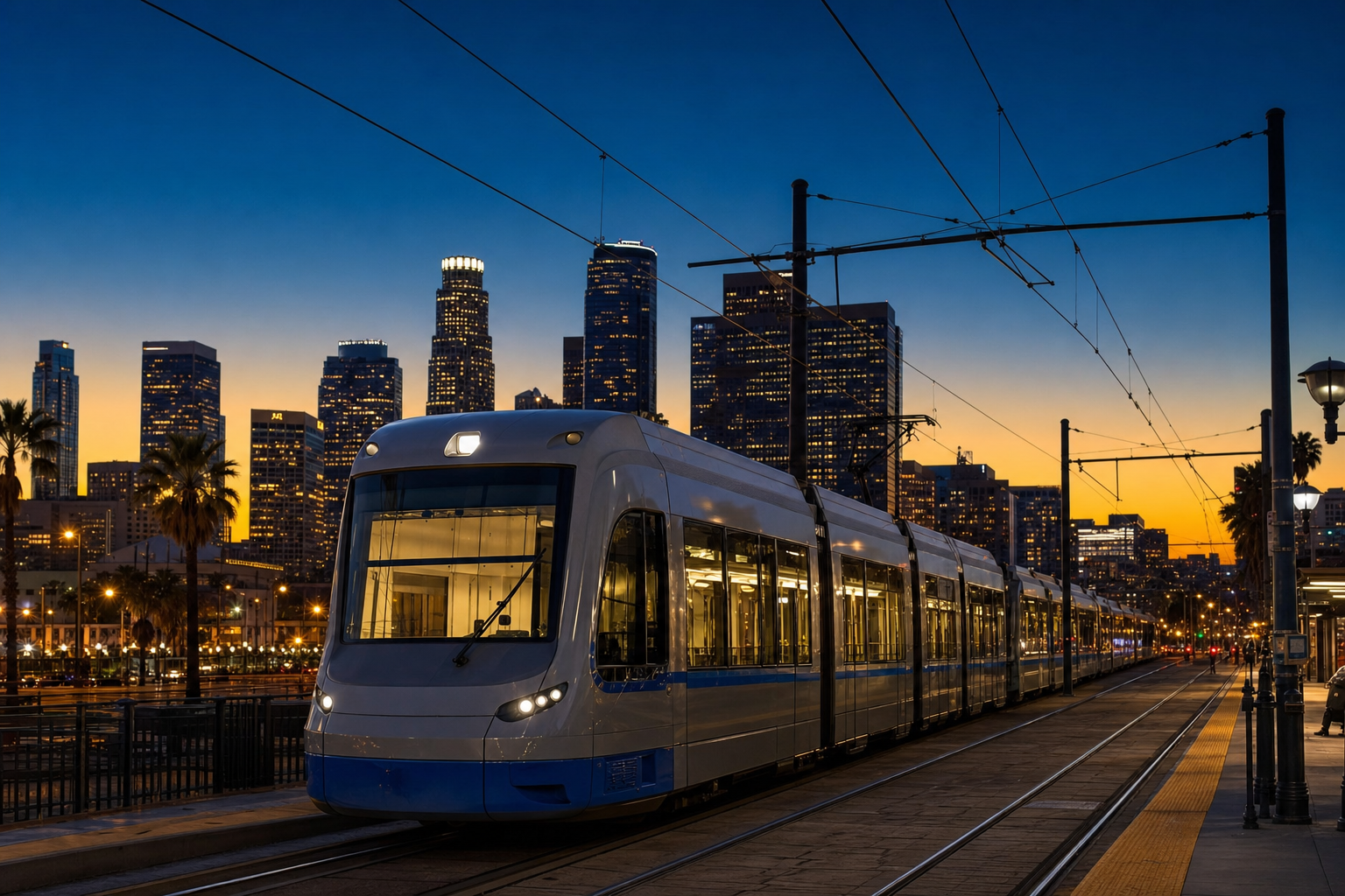 Modern light rail vehicle on urban tracks at dusk in a US city