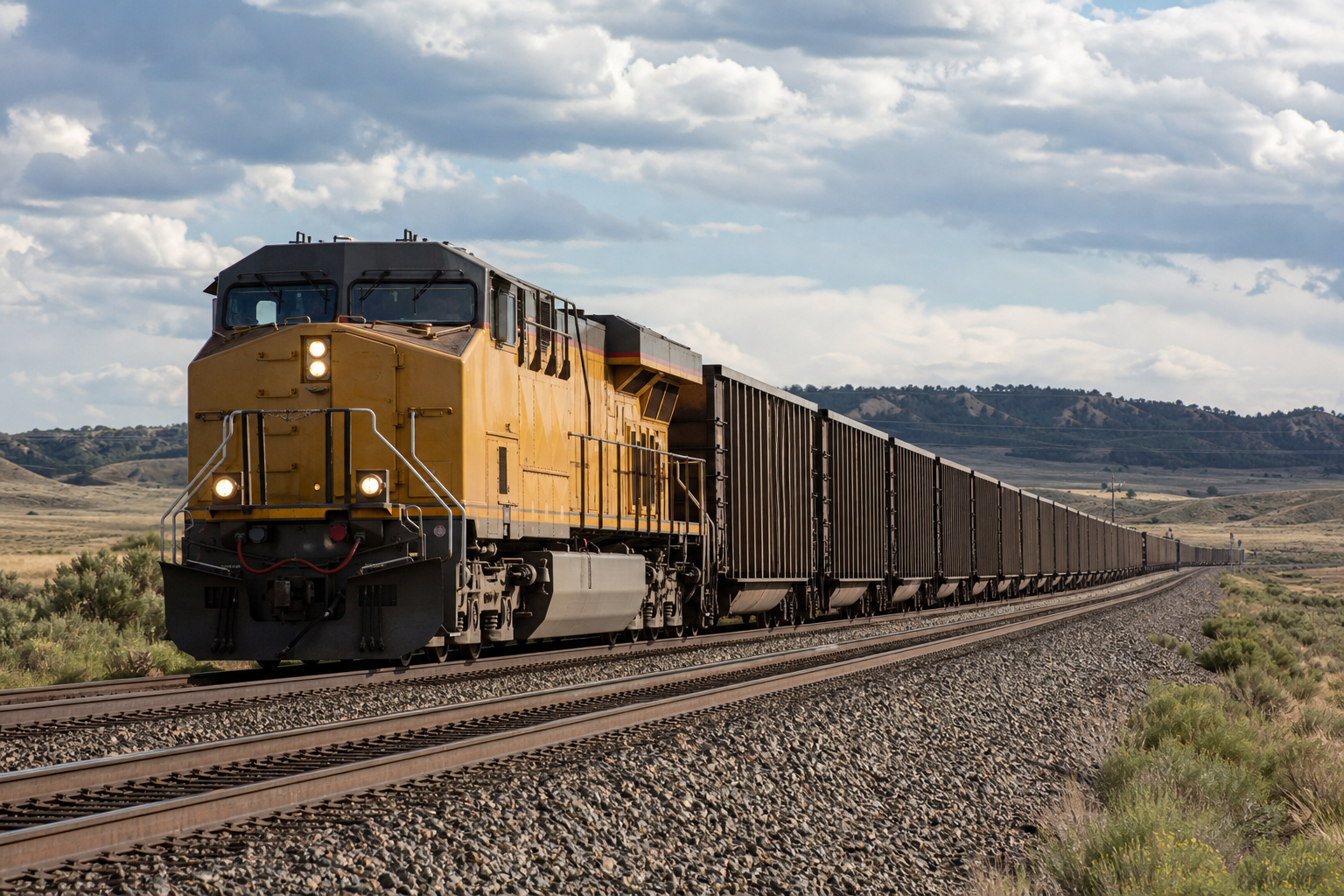 Heavy freight train on mainline railroad tracks through American landscape